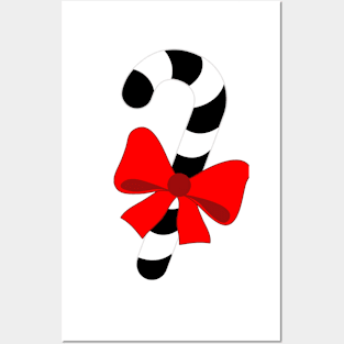 LARGE BLACK AND WHITE CHRISTMAS CANDY CAN WITH RED BOW DESIGN Posters and Art